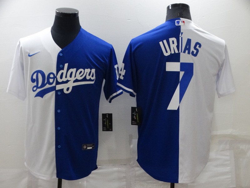Men's Los Angeles Dodgers #7 Julio Urias White/Blue Split Cool Base Stitched Baseball Jersey Men's Los Angeles Dodgers #7 Julio Urias White/Blue Split Cool Base Stitched Baseball Jersey